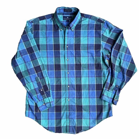 2/$18 SALE! Nordstrom‎ Button Up Shirt Mens Medium Blue Plaid Preppy Old Money - Picture 1 of 8